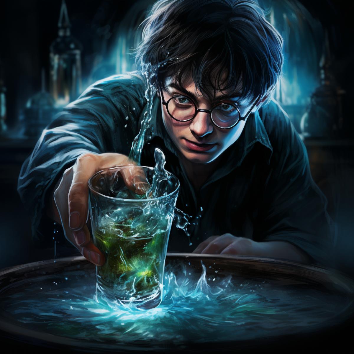 Harry Potter drinks Magic water, highly detailed, digital painting