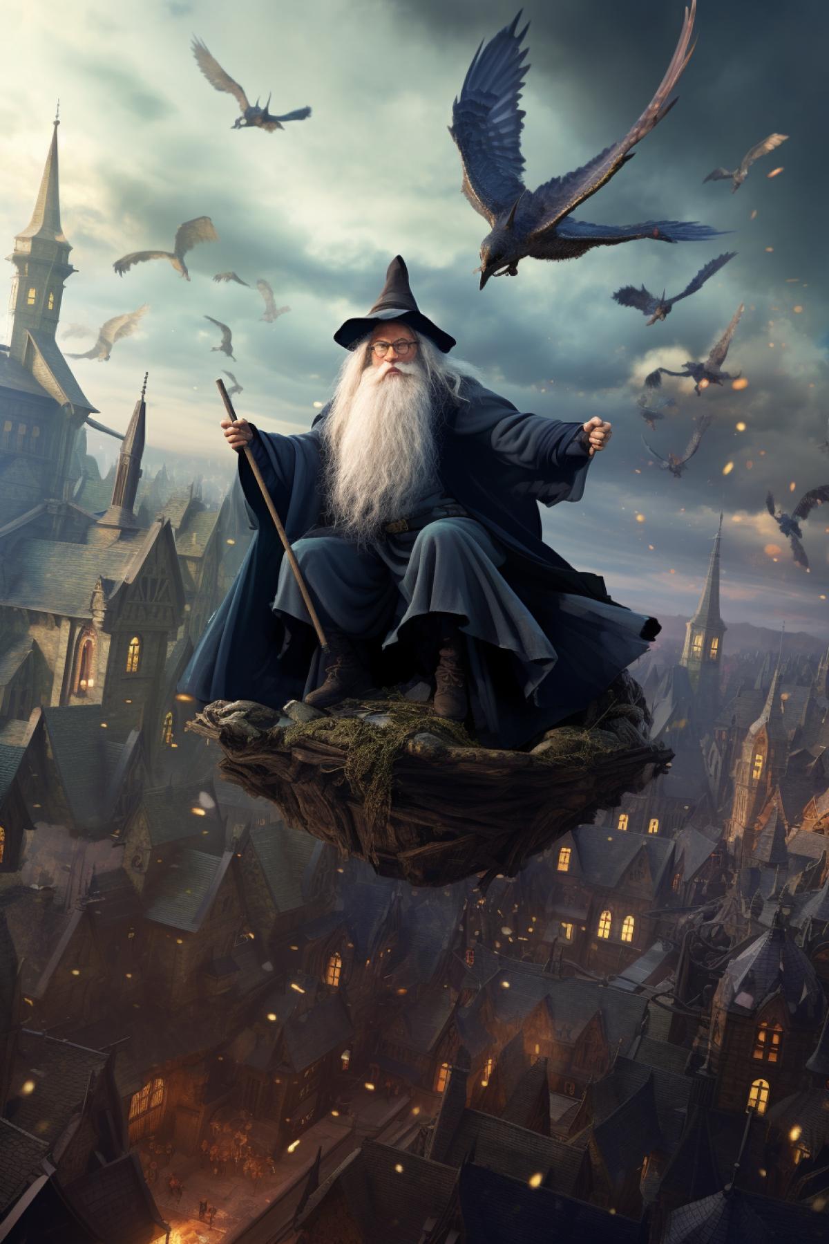 Albrus Dumbledore, sitting on his broom, flies around Hogwarts, high quality, good detail, 4K, fantasy, comic art