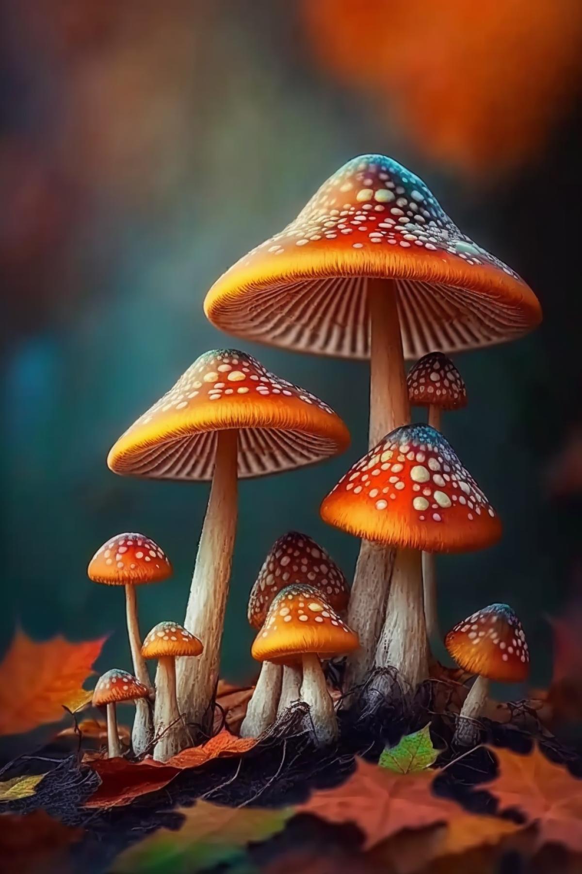 Mushrooms grow in the autumn forest, close-up, beauty