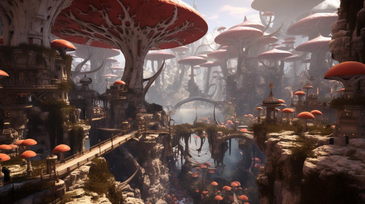 Fantasy city built from mushrooms, high quality, good detail, 4K, fantasy, comic art