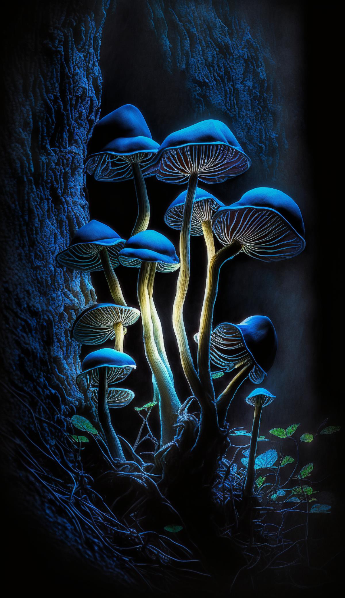 mushrooms on a thin stalk growing deep in a dark cave, bioluminescent lighting, photo