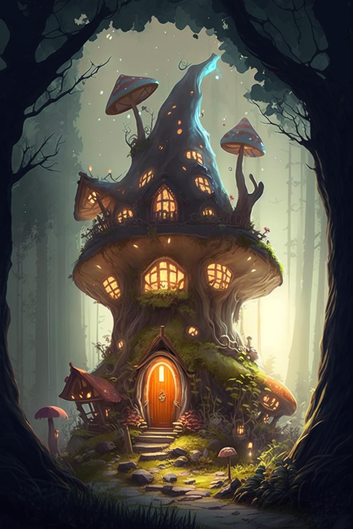 mushroom-shaped house in the fairy-tale forest, dwarfs, concept art