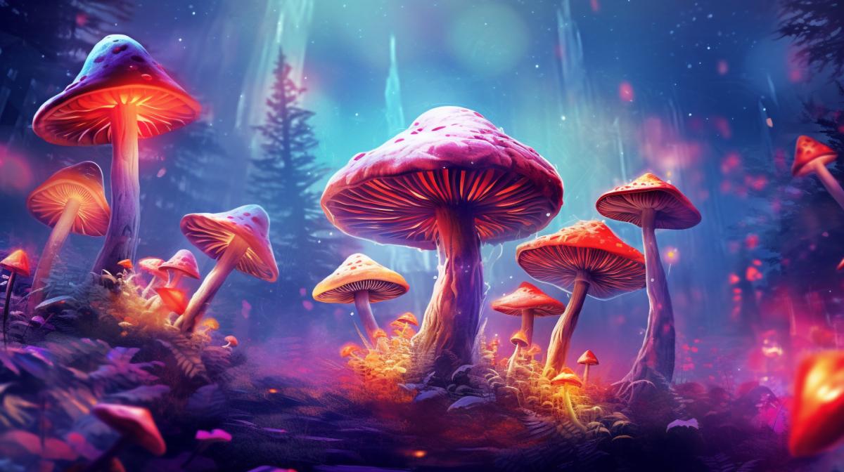 Mushrooms hallucinations mystic fantasy bright juicy colors surrealism illustration