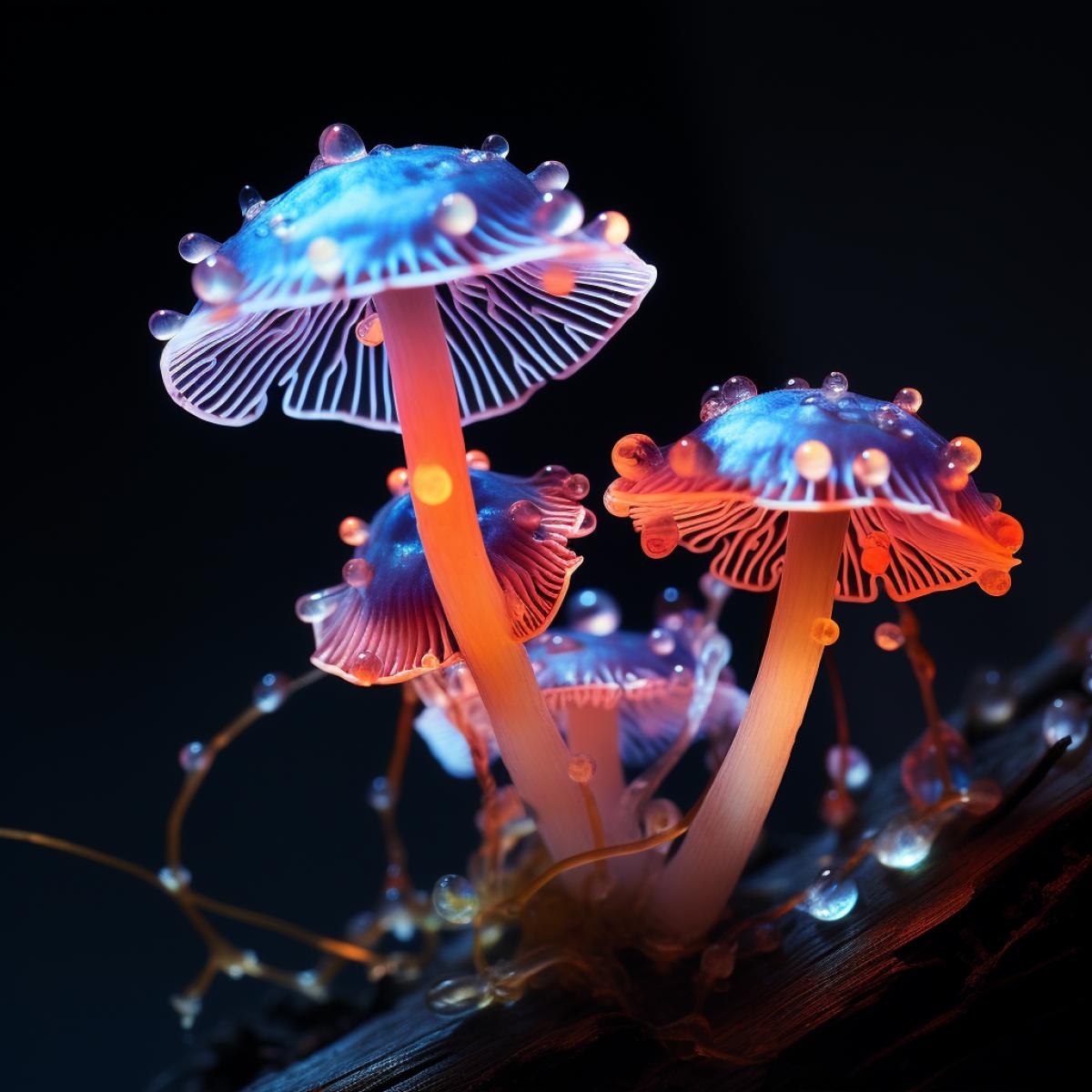 macro photography mushrooms in neon microorganisms