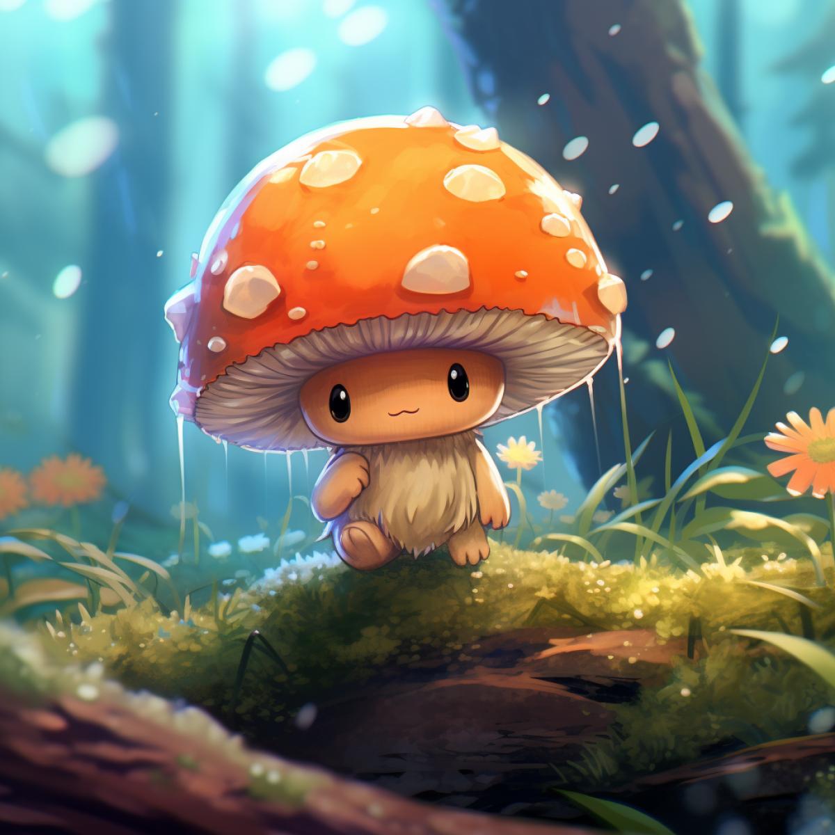 Little Hopeful mushroom, extremely cute and bouncy, anime style by Sui ishida, a Chromatic breeze is sweeping across the forest floor