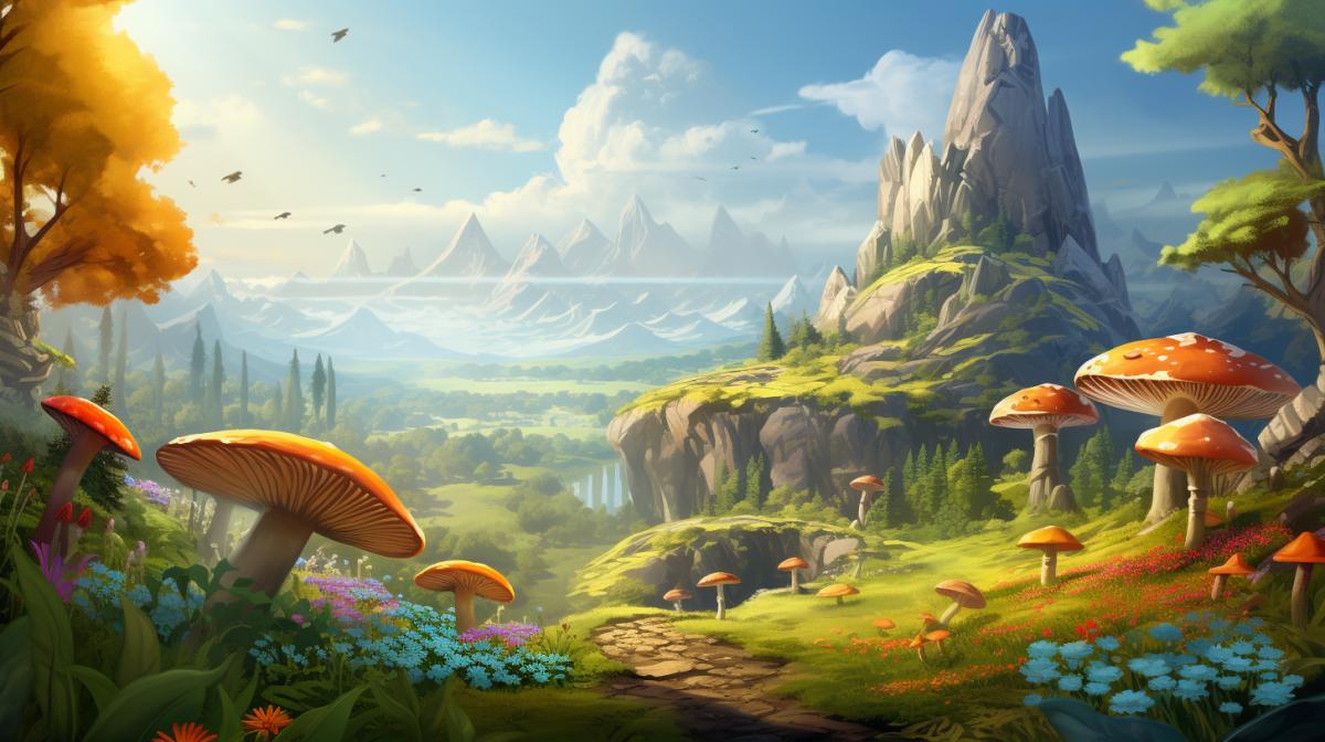 An enchanted forest. lush greenery. colorful mushrooms growing from the ground. enchanting. cottagecore. light green and orange and yellow and light blue. vast plains and gorgeous mountains