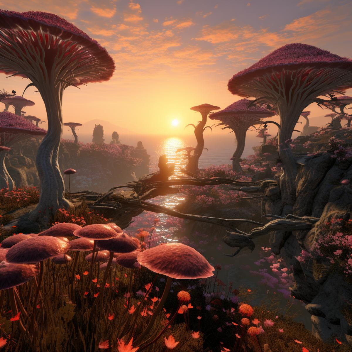 Morrowind, Ascadians isles, alien world, sunny evening, spring, elven+grotesque style lighthouse, sea coast, alien subtropical landscape, giant mushrooms, alien unusual deciduous trees, megaherbs, flowers, deep pixel elaboration, hyper-detailed, hyper-realistic, realistic landscape, ISO 100, deep rendering of the background, high detail, hyperrealistic photography, 64k, HDR, professional photography