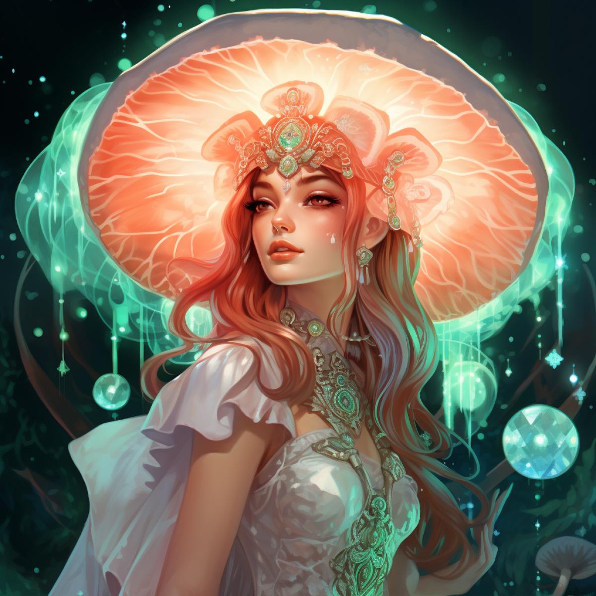 Forest mushroom with a ring inlaid with rhinestones, beautiful fantasy art portrait, watery crystal glow eyed, android mystic, glittering, medibang, the high priestess, utopia profile
