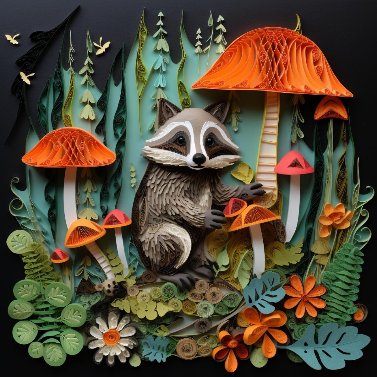 paper quilling raccoon in forest with mushrooms and squirrels Image