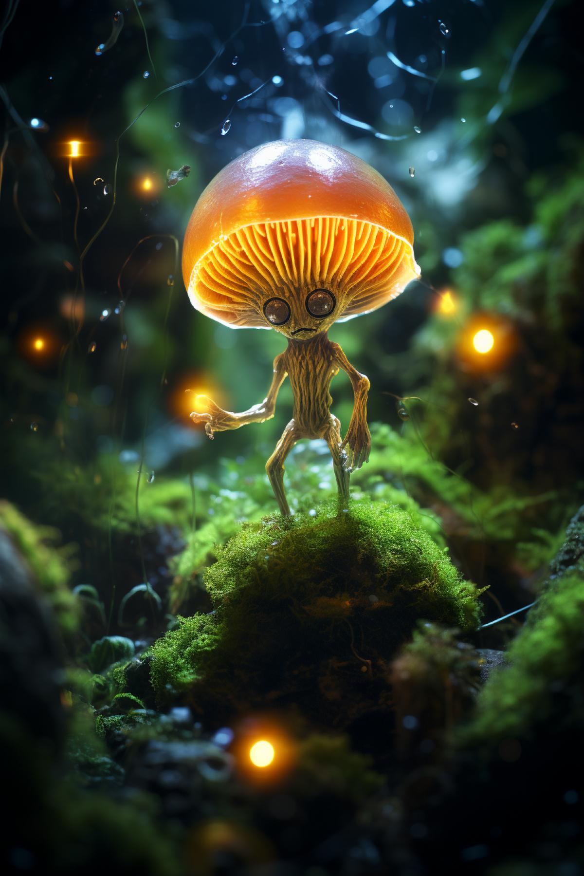 digital light painting in the style of life that is to say moss and mushrooms growing out of earth and tiny alebrije insects tiny plastic Venus action figure coming out of the earth mm film ISO ar Image