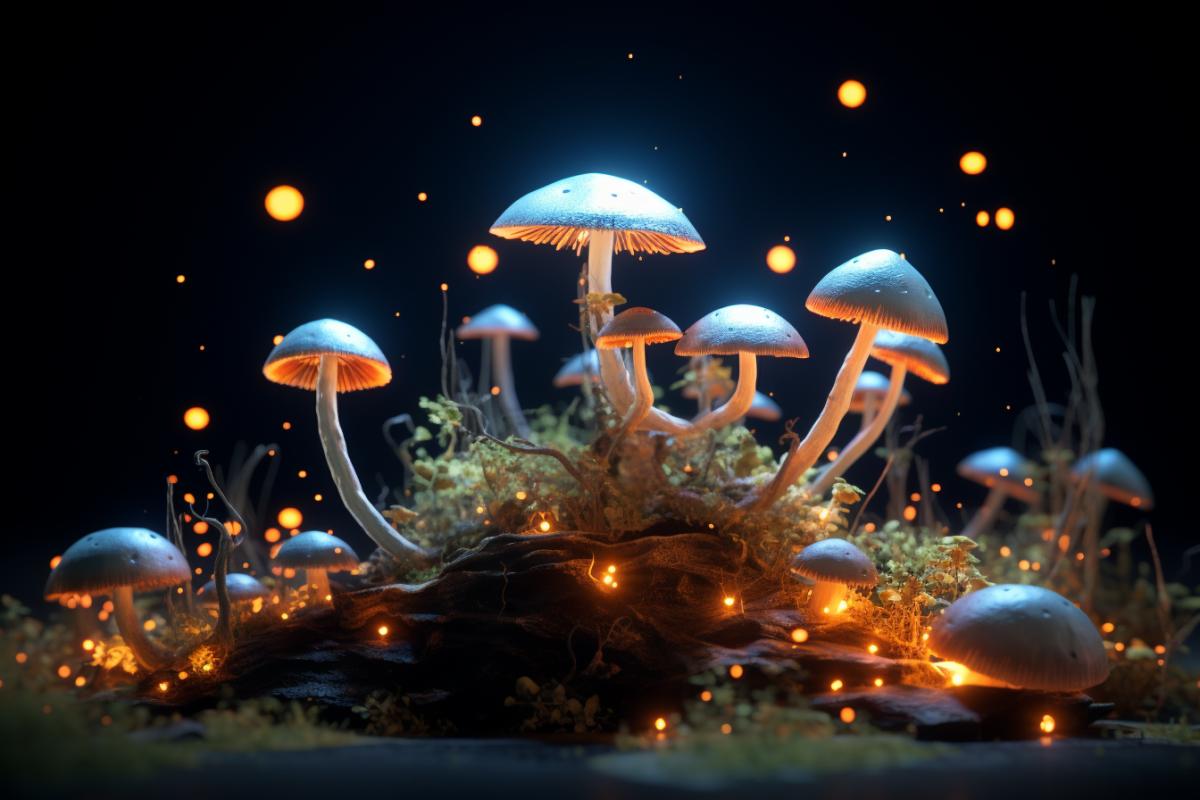 bioluminescent magic mushrooms mosse sphagnum sticky mushrooms symbiosis of energetical particles GPU particles with collision dark body node (dynamic parameter control) Destruction Particle Effects unreal transformation unreal engine LuxCoreRender engine CryEngine Movie Render Queue system chimical equation OpenCLbased GPU engine high dynamic resolution unreal engine super detailled shot an canon iso ultra sharp UHD VR megapixels chromatic aberation realistic detailled high rendering transformation of particles magic mushroom photo shoot ar