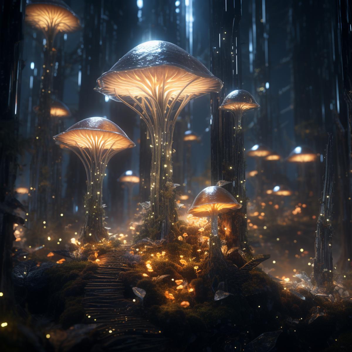 iridescent crystals forest, dark and gold mushroom, cinematic, atmospheric, volumetric light