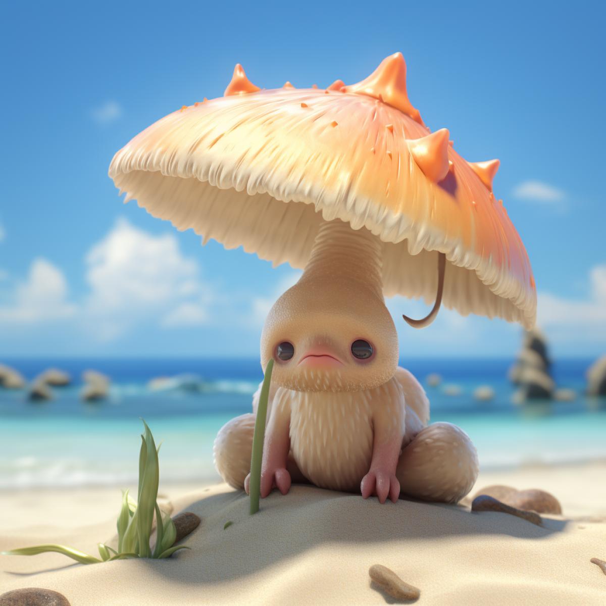 A tiny mushroom creature, at the beach, sunny, cute, realistic