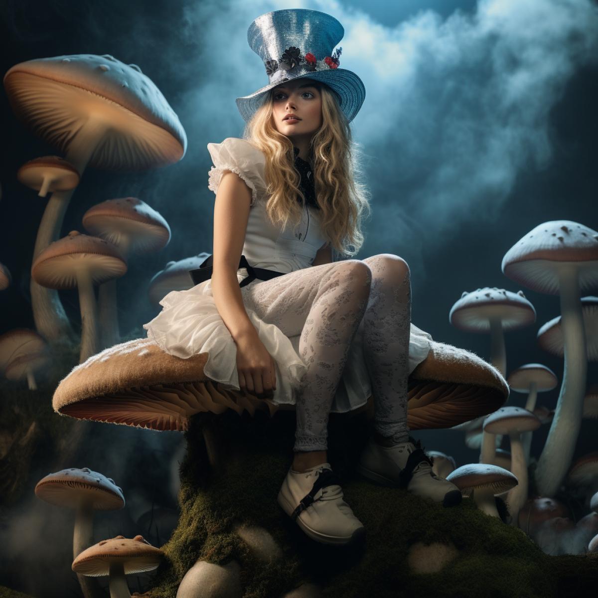 Alice in Wonderland sitting on a mushroom with clouds accompanied by a white rabbit and matter hatter, well lit, realistic, cinematic lighting, shot with a 50mm lens and 2. 0 aperature shutter speed 1/ 1000, fiber optics