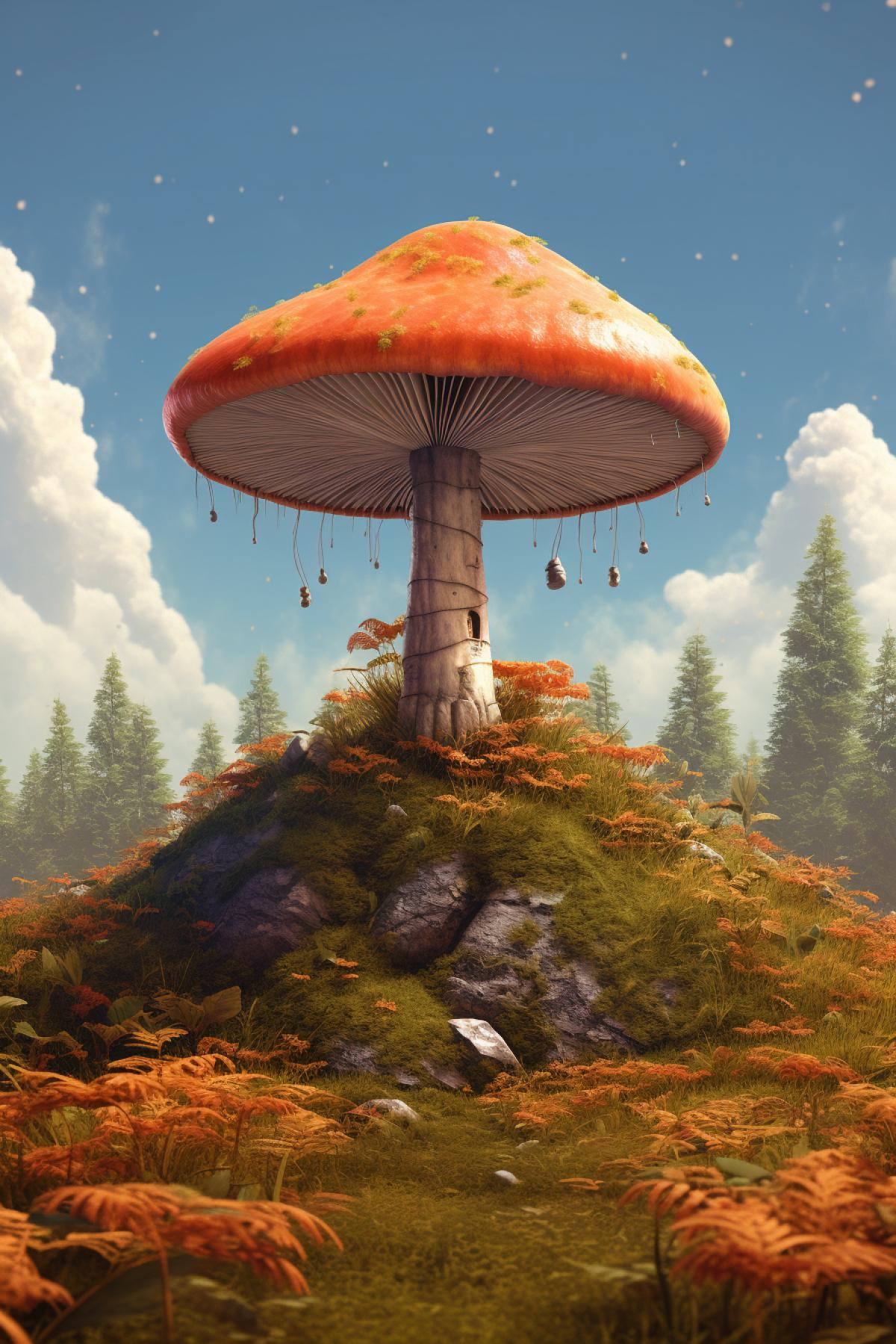 A big mushroom stands on the field