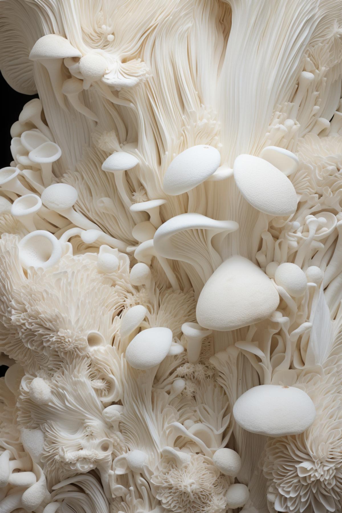 a close up of various white mushrooms, in the style of layered organic forms, gutai, canon eos 5d mark iv, biomorphic, bone, light beige, traditional craftsmanship