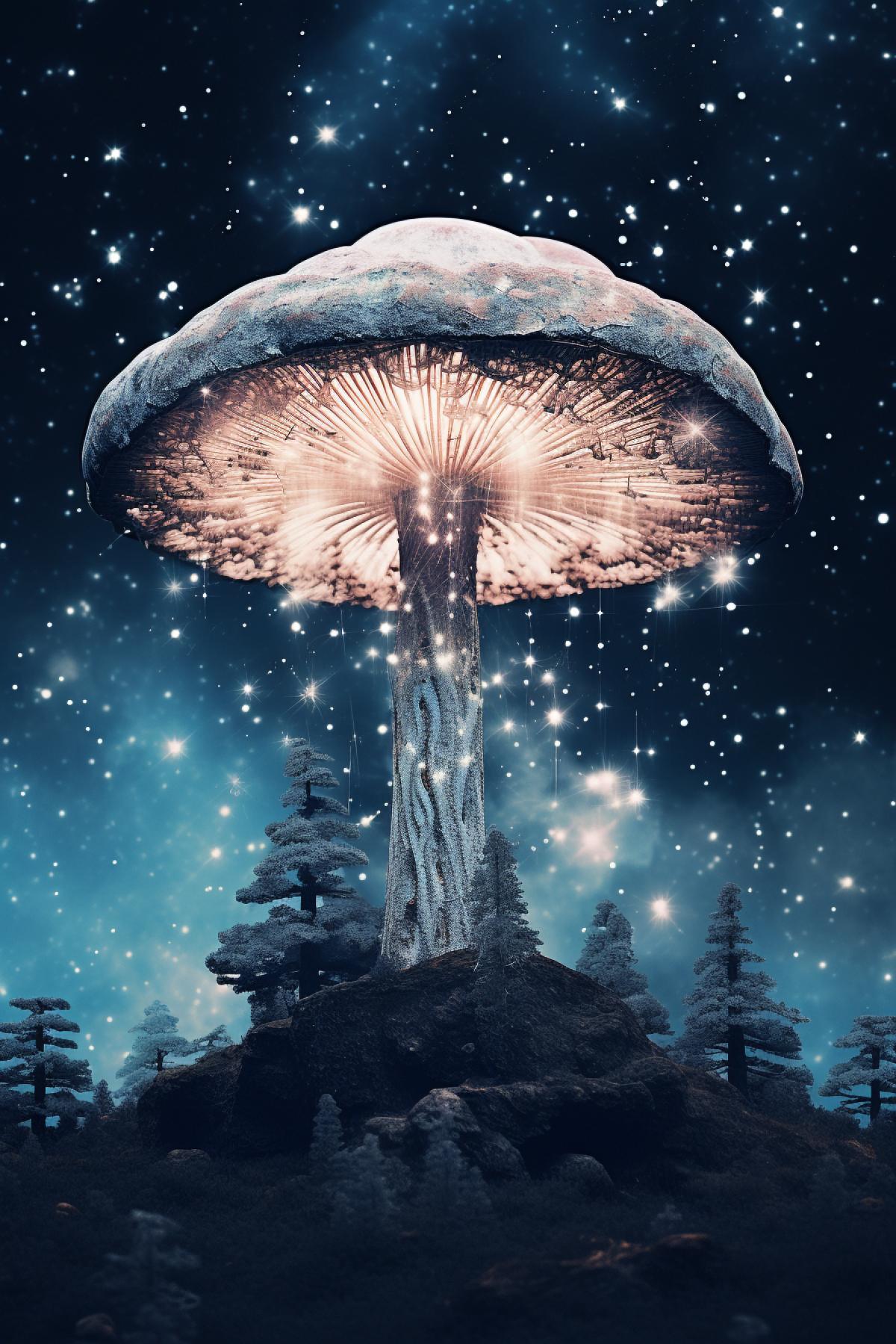 a dark treelike mushroom in an image of starry sky, in the style of quirky collage, made of crystals, mirrored realms, fawncore, dark sky-blue and light beige, bloomcore, trompe loeil illusions, minimal