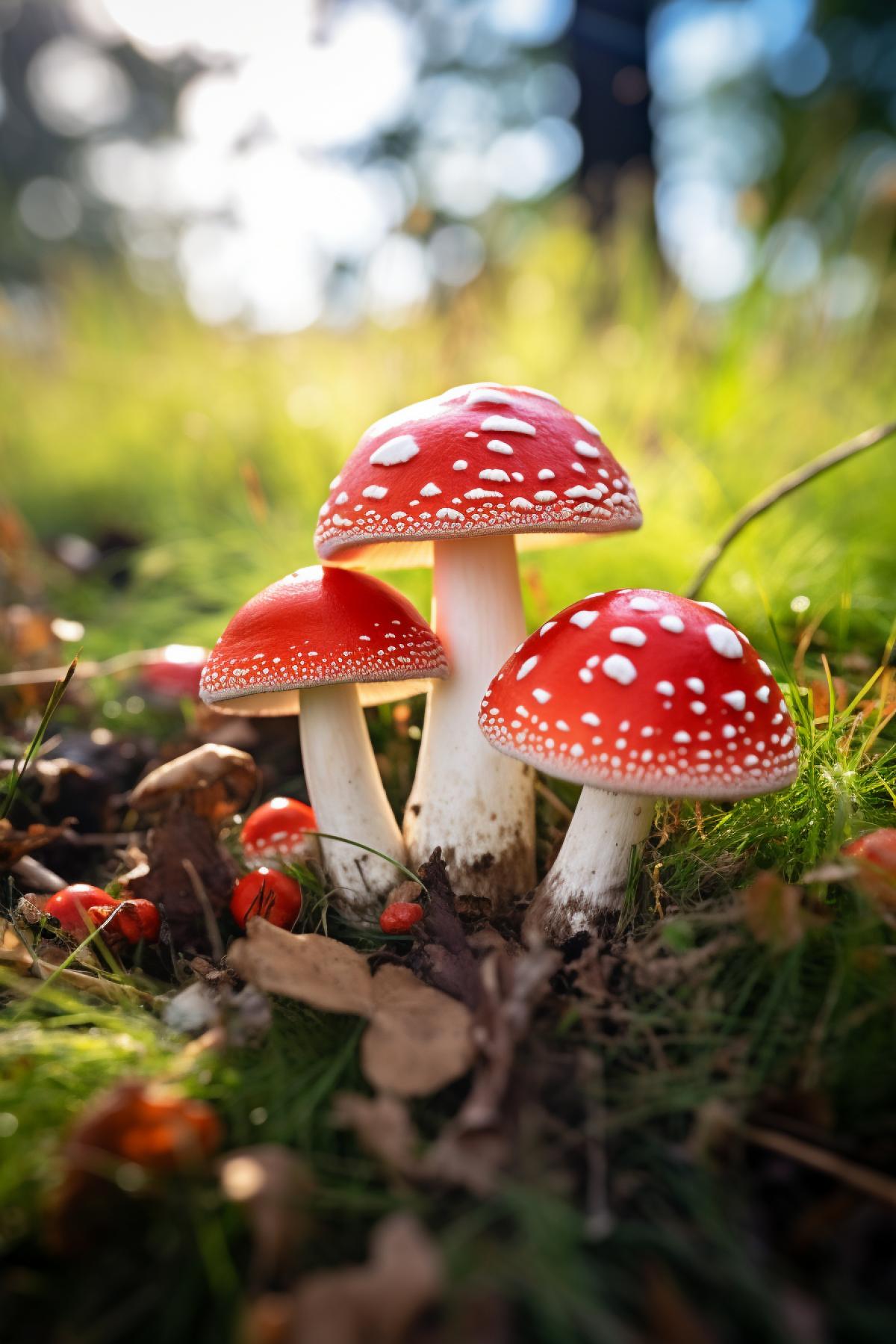 red mushrooms with white, on the grass, close up shot, bokeh style, sunny day, high quality photo
