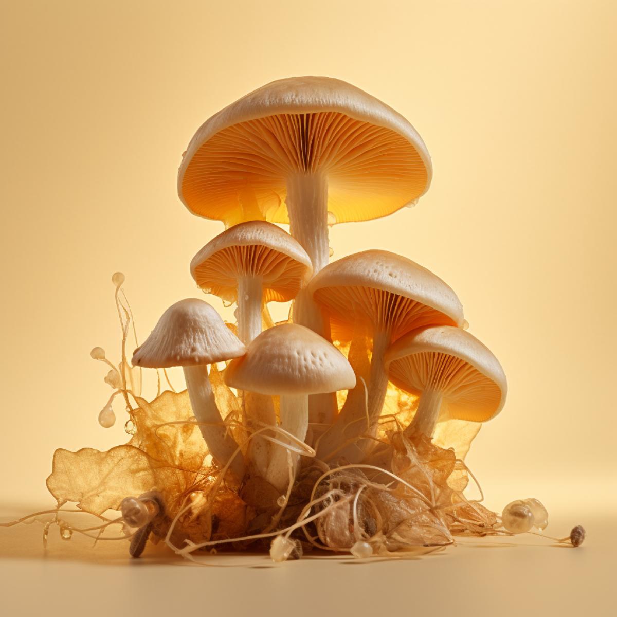 a bunch of mushroom on a light yellow background, in the style of shot on 70mm, kimoicore, multi-layered com4ks, smokey background, naturalistic 4ks, high detail, commercial imagery