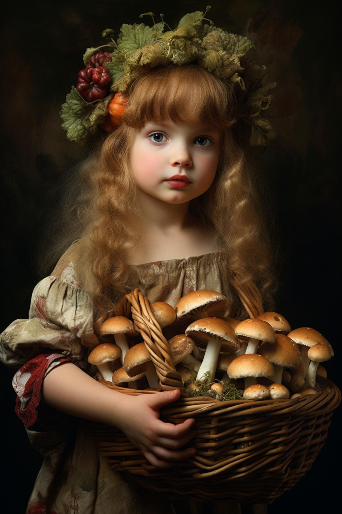 Cute girl with a basket of mushrooms