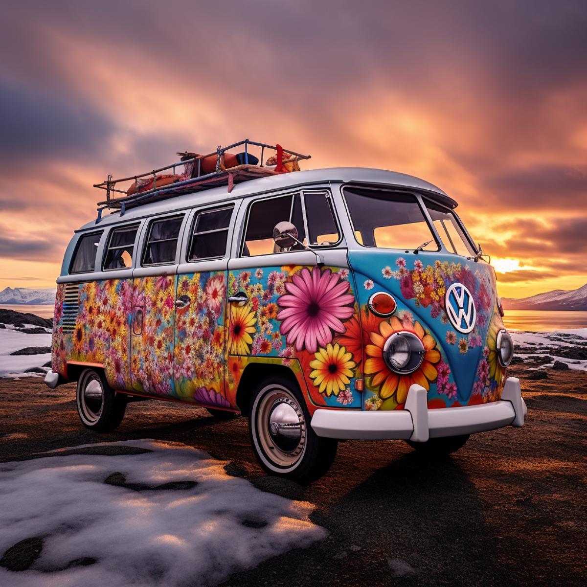 Volkswagen Bus Hippie Style 1968 Flowers Power in Iceland, snow, hyper realistic, extremely detailed, intricate details, landscape glacial background, sunset, 8K,