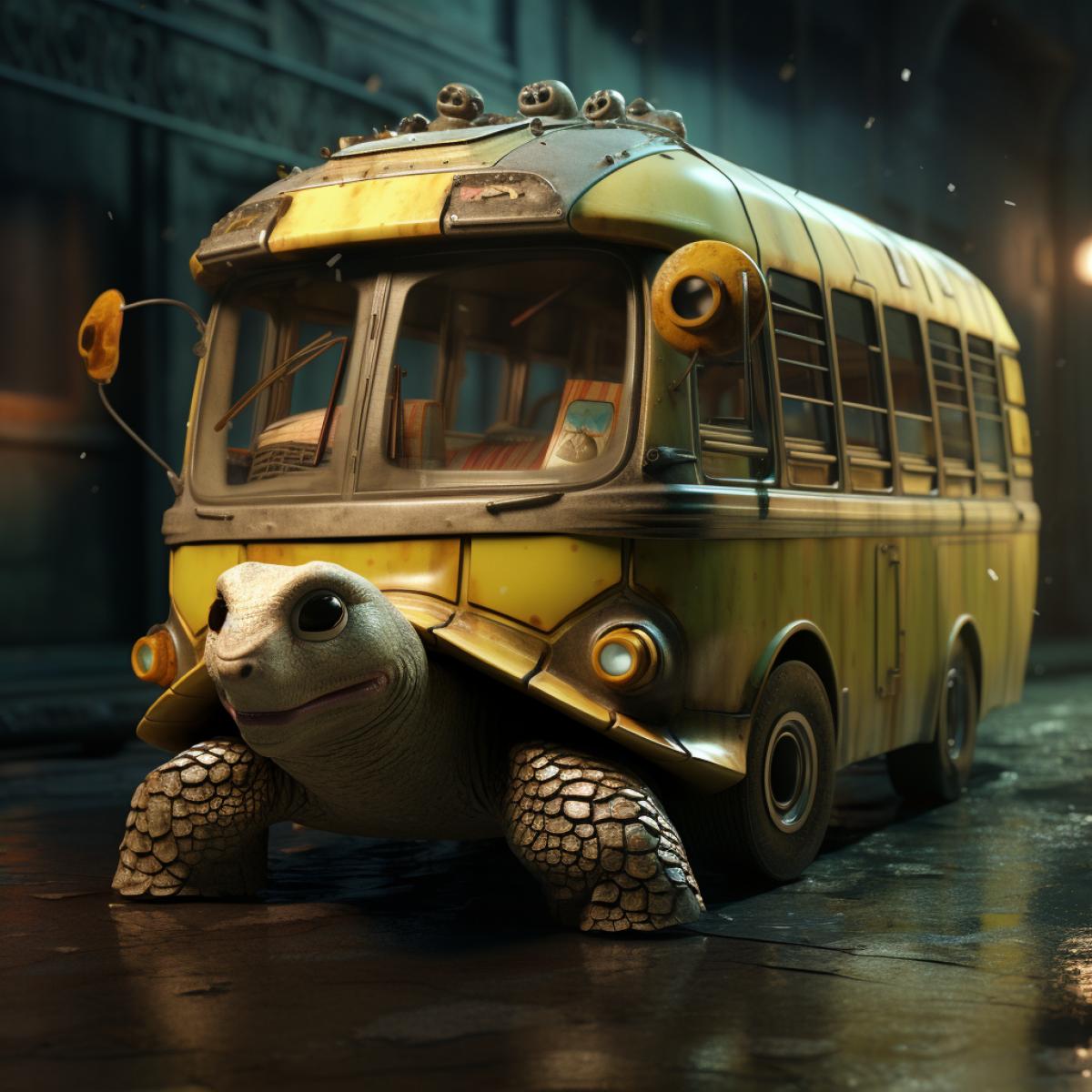a turtle whose shell looks like a bus, 3d, octane render, unreal engine