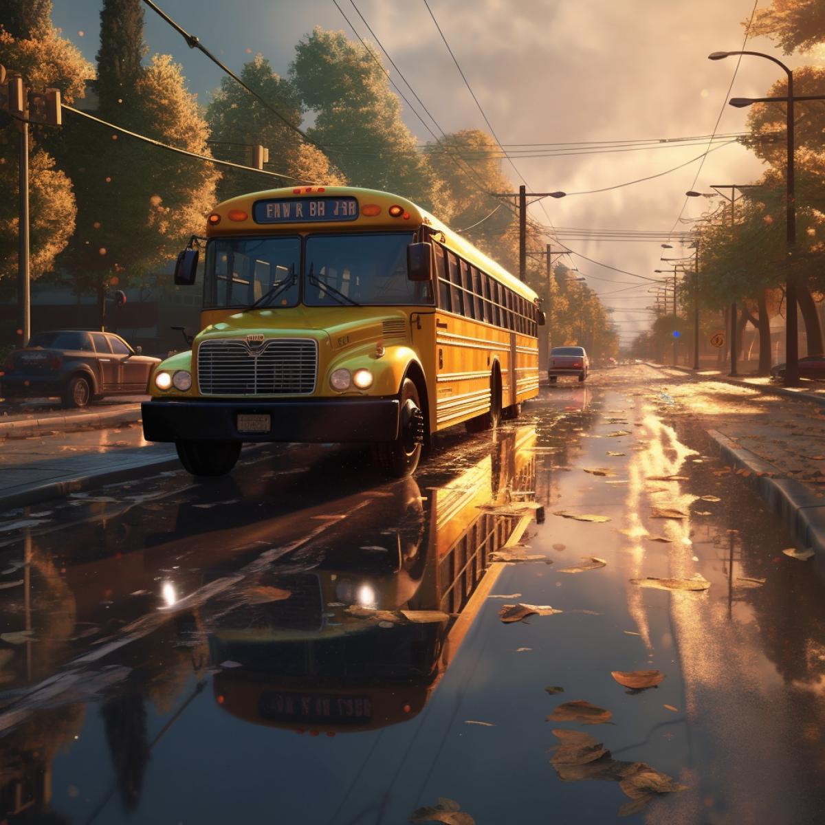 a school bus on a road, water reflections, water splashes, digital art, realistic, 4k, detailed, artstation, cgsociety