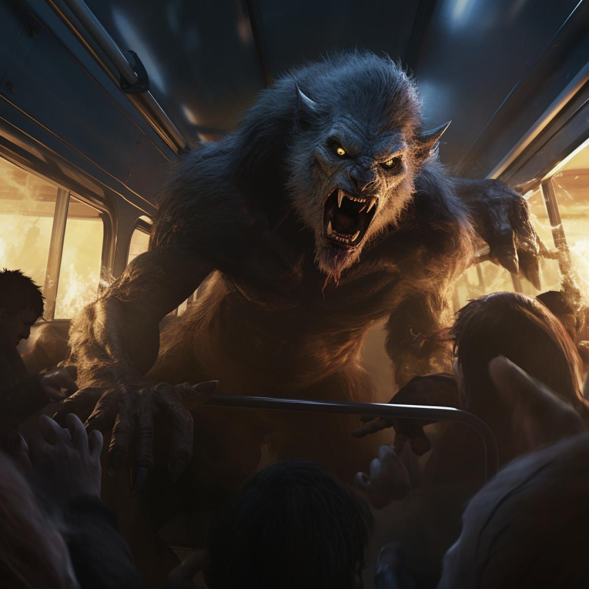 werewolves inside a school bus attacking children, concept art, 4k, cinematic lighting, volumetric lighting, by James Gurney, Alex Ross, Greg Rutkowski, horror, creepy, artstation