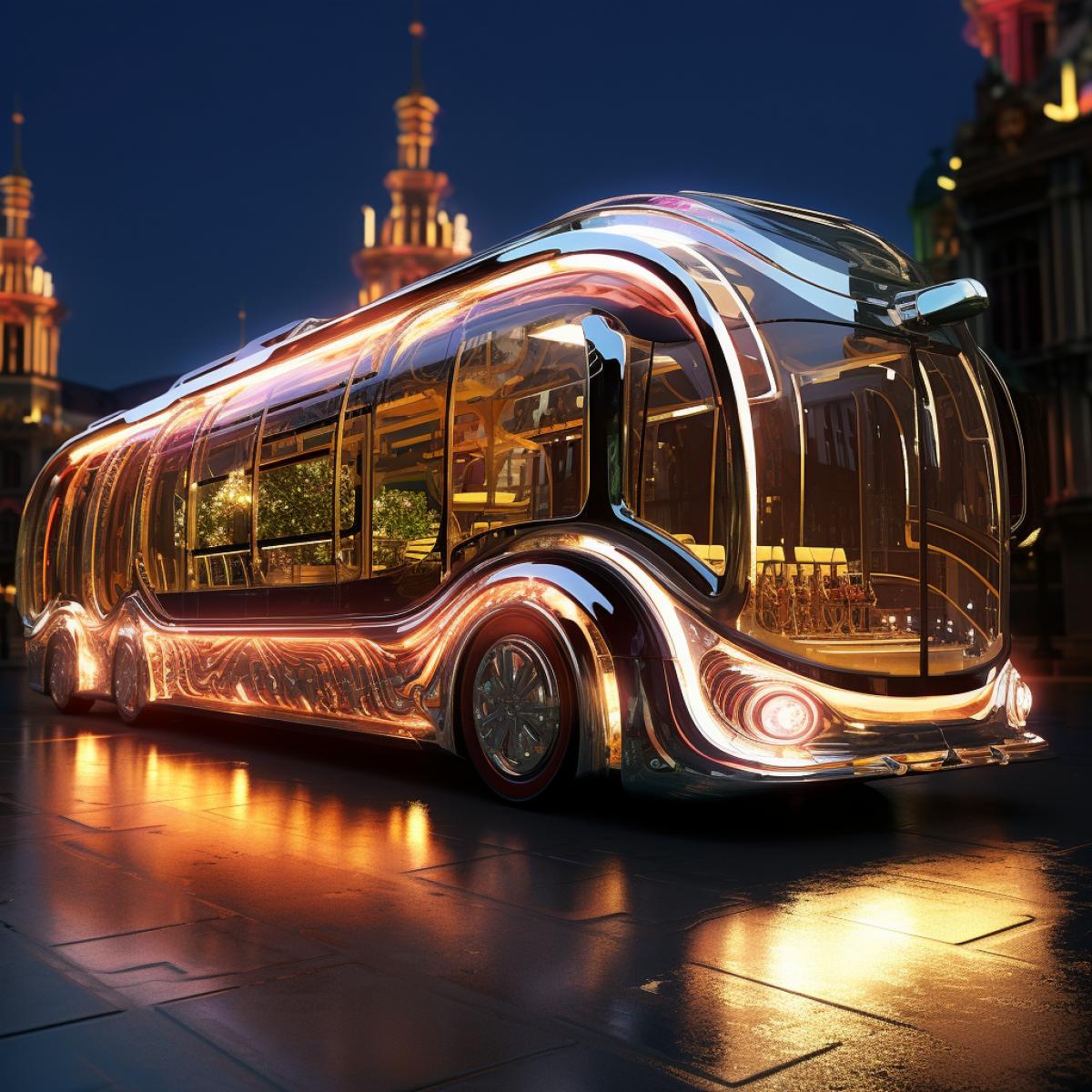 Futuristic ornate shiny fusion powered hover bus, LED lights, sleek, reflection, extremely detailed, 8k artstation, unreal engine