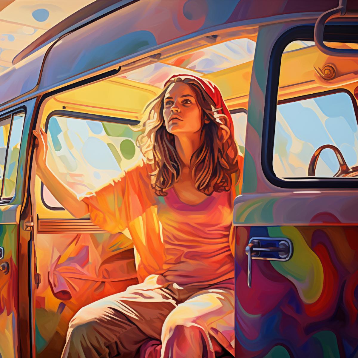 painting of a 1962 Volkswagen bus with Peter Max curtains, in the style of high dynamic range, colorful com4ks, amber, 32k uhd, western-style portraits, multi-layered figures, action painter