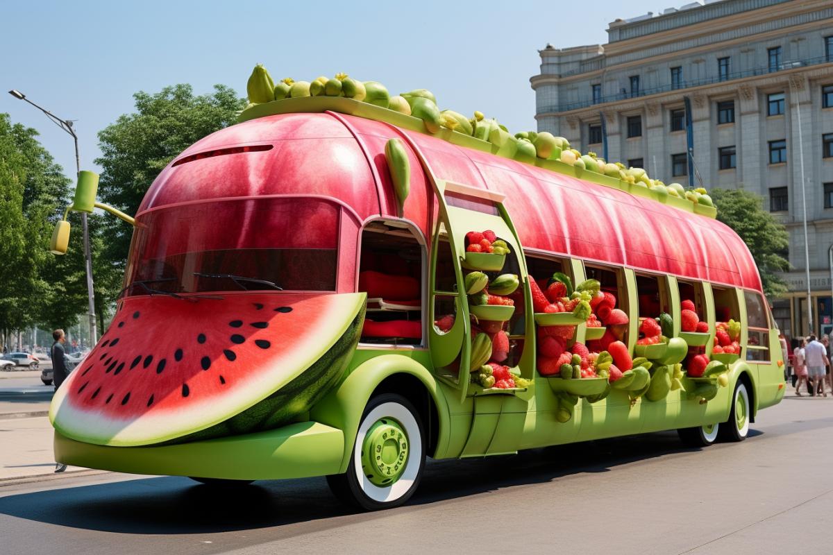 bus built from watermelons high quality photo on the streets of a modern city