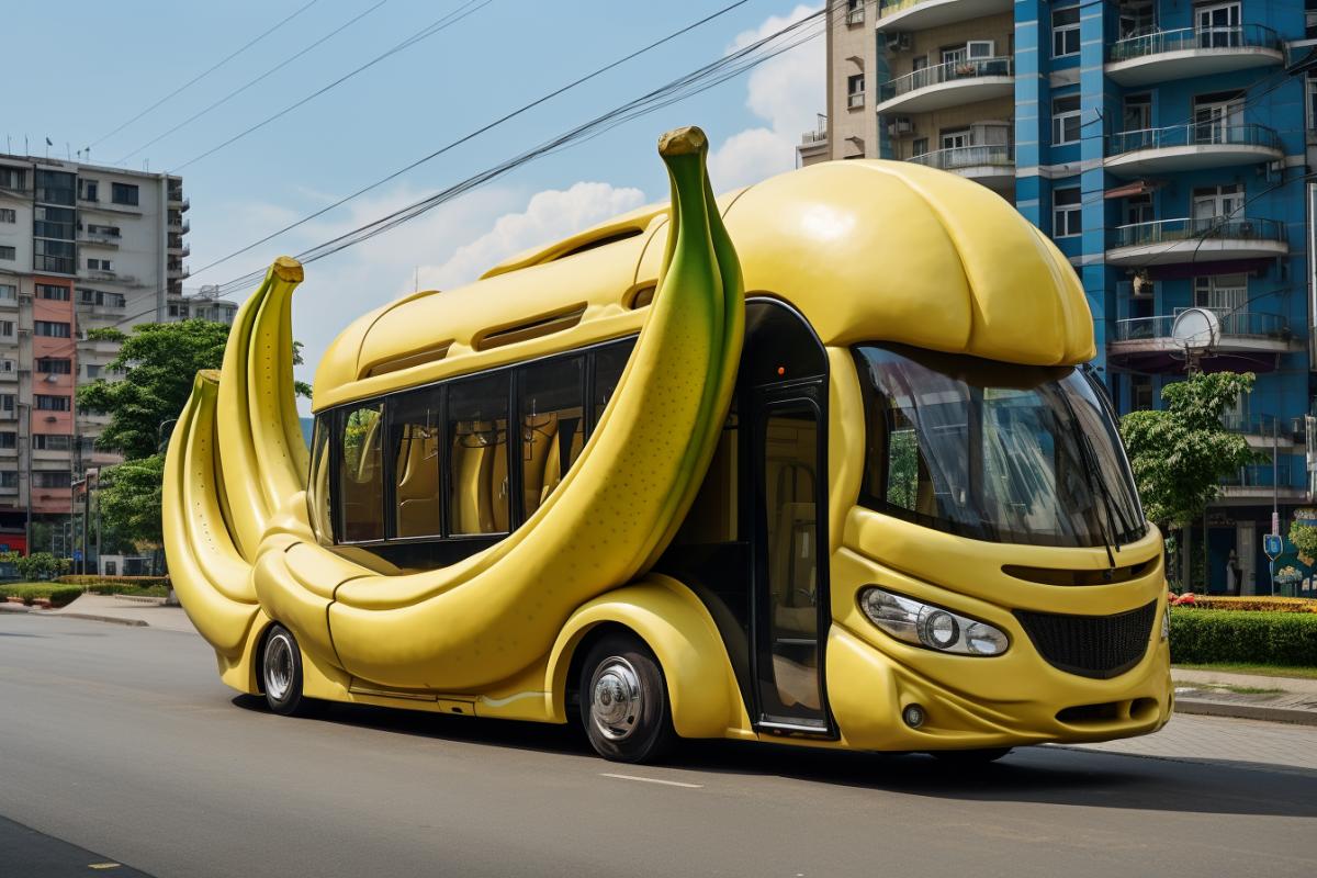 a bus built from a large banana high quality photo on the streets of a modern city