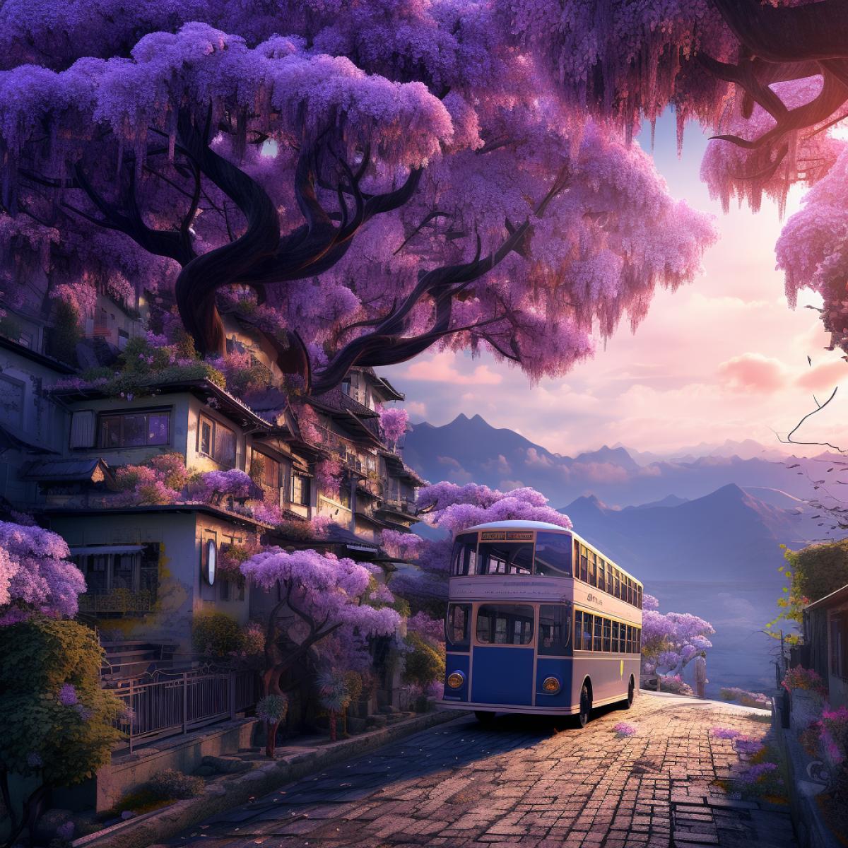 street and Houses, Wisteria sinensisand tree Lagerstroemia dark Diamond tree on th side of Street, bus, sky with Cloud, mountains,