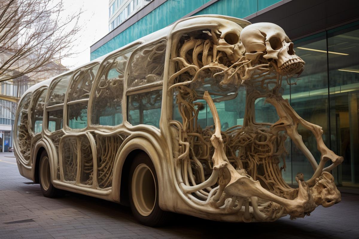 bus built from bones high quality photo on the streets of a modern city