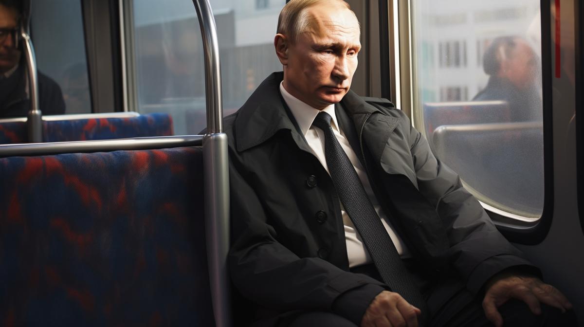 Sad Putin sits on a bus, looks out the window