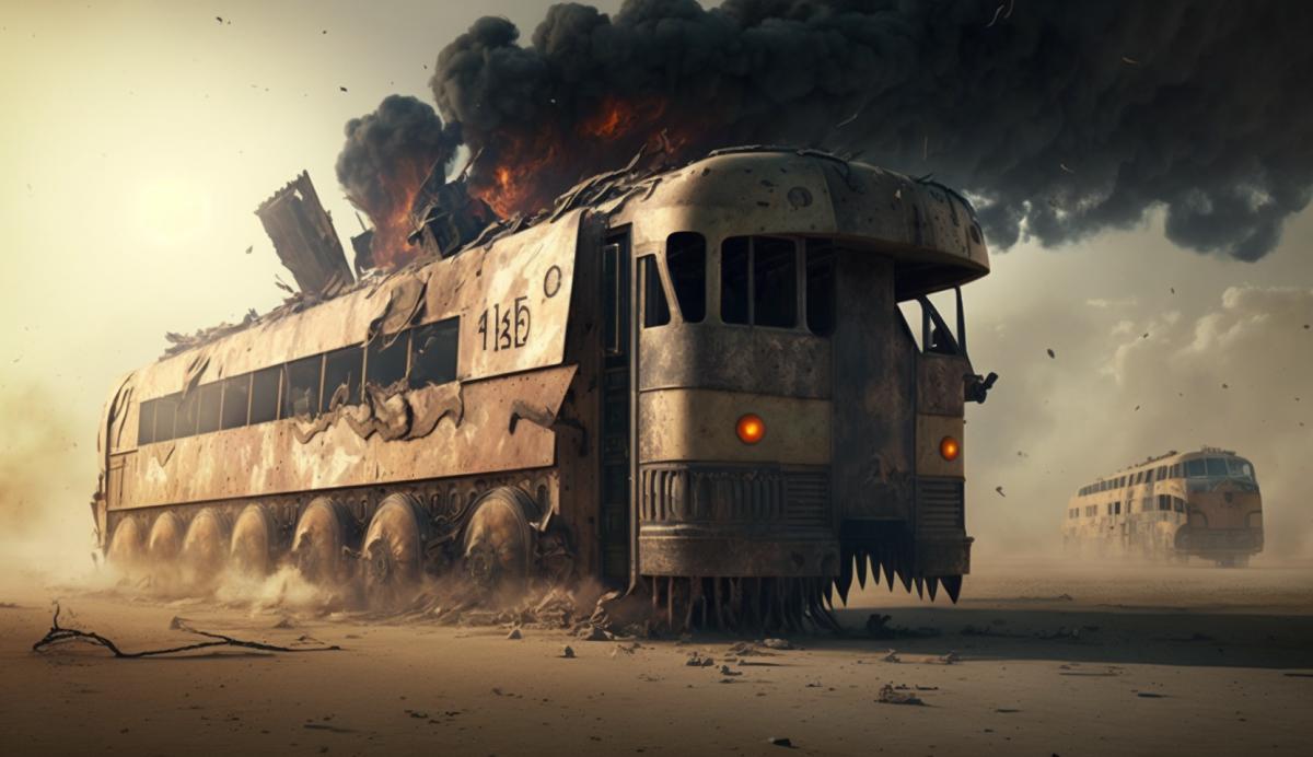 Post-apocalypse, consequences of a nuclear explosion, destroyed city. Bus armored train. Mad Max style.