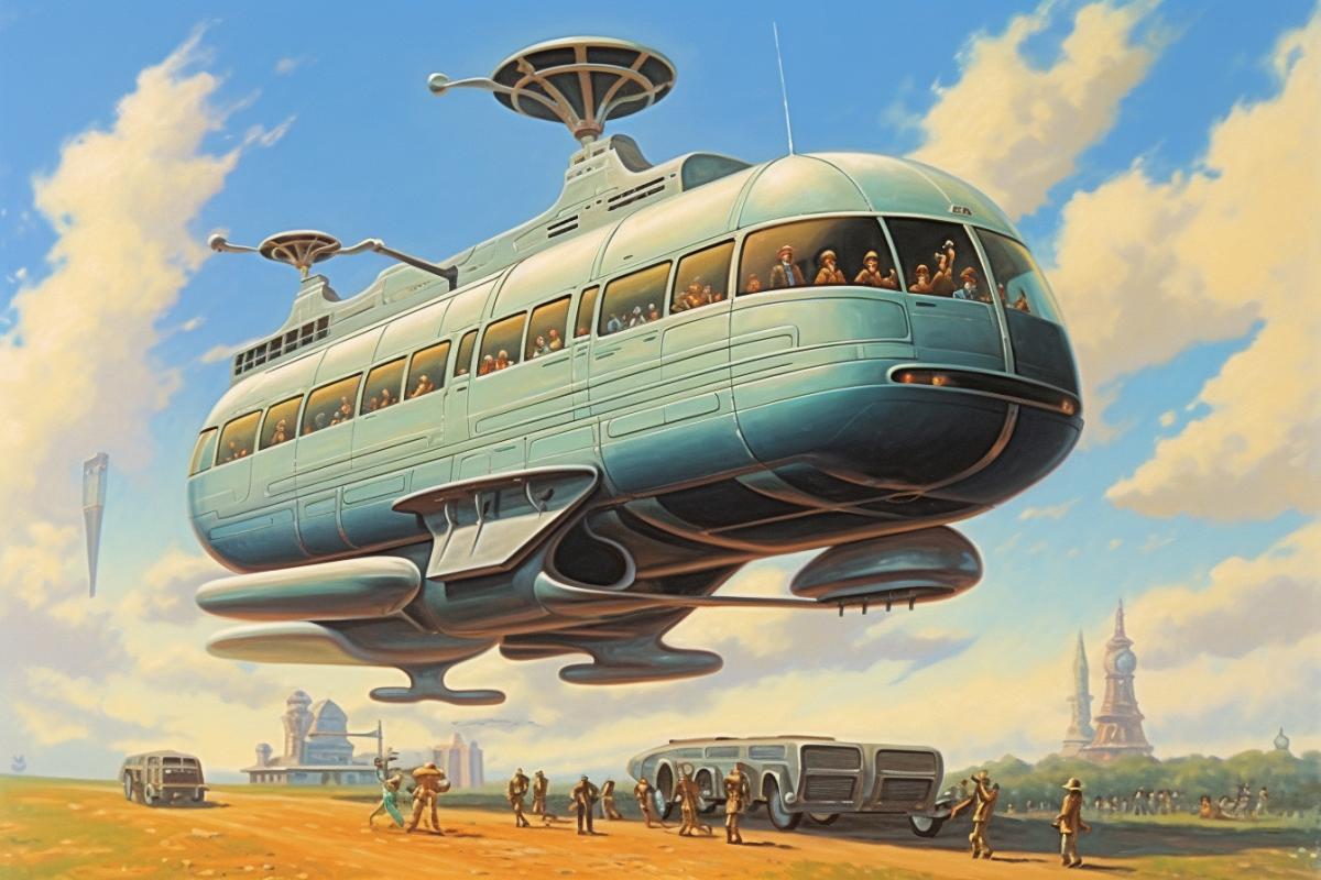Flying bus of the future surrealism retro illustration