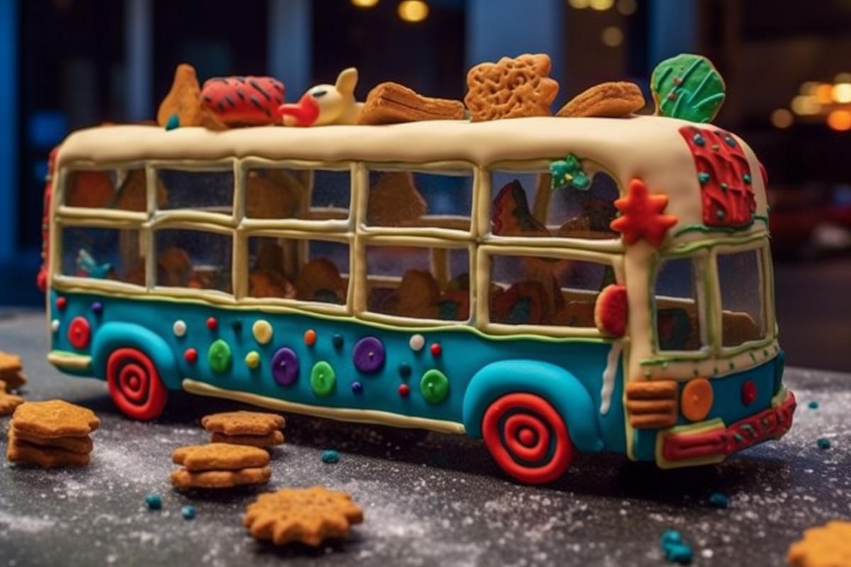New Years decorated gingerbread bus in the city