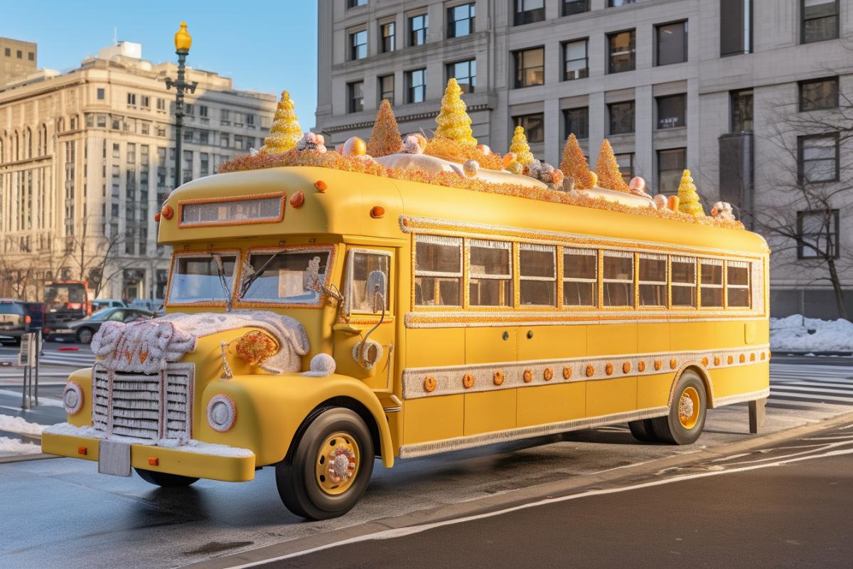 New Years decorated gingerbread bus in the city