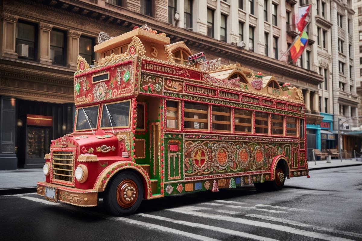 New Years decorated gingerbread bus in the city