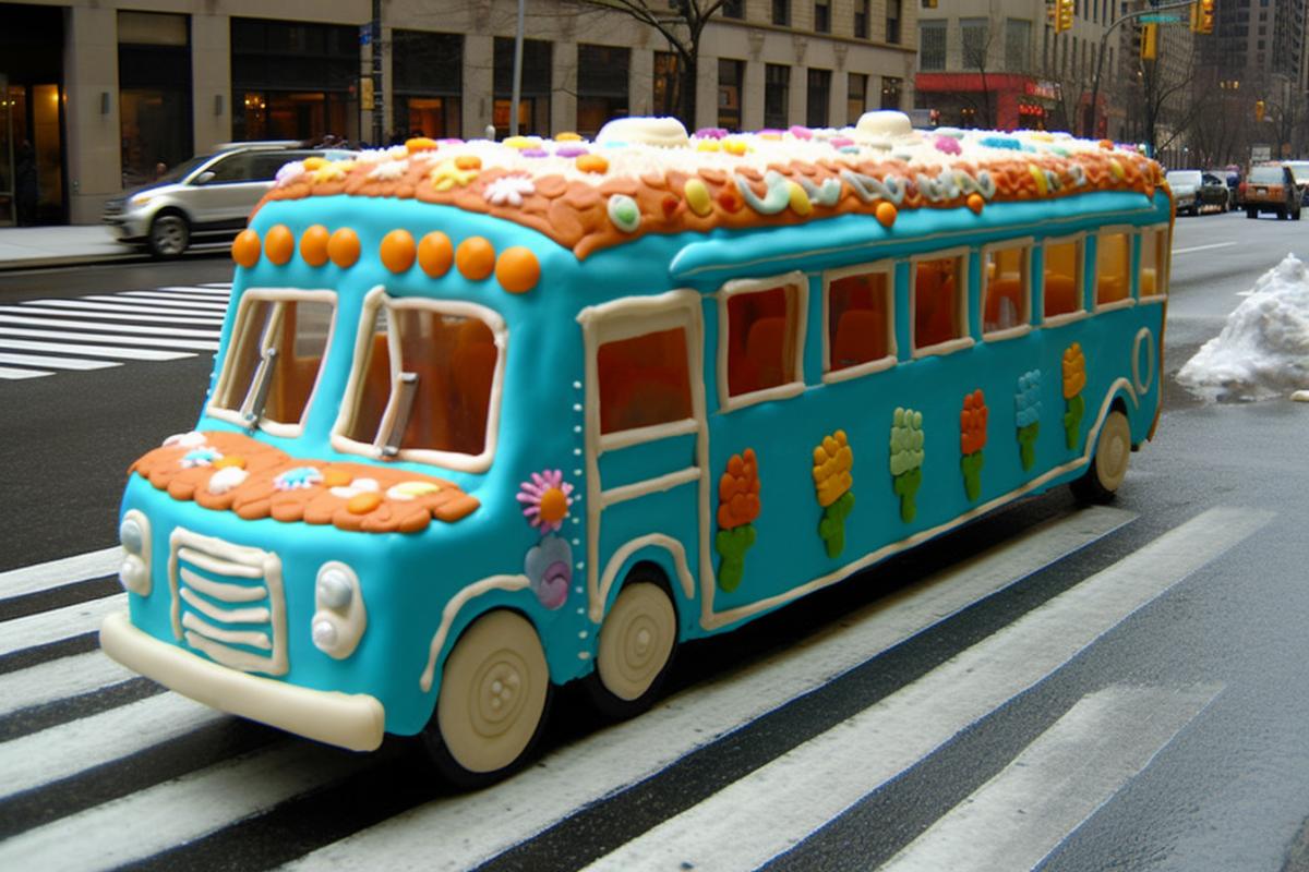 New Years decorated gingerbread bus in the city