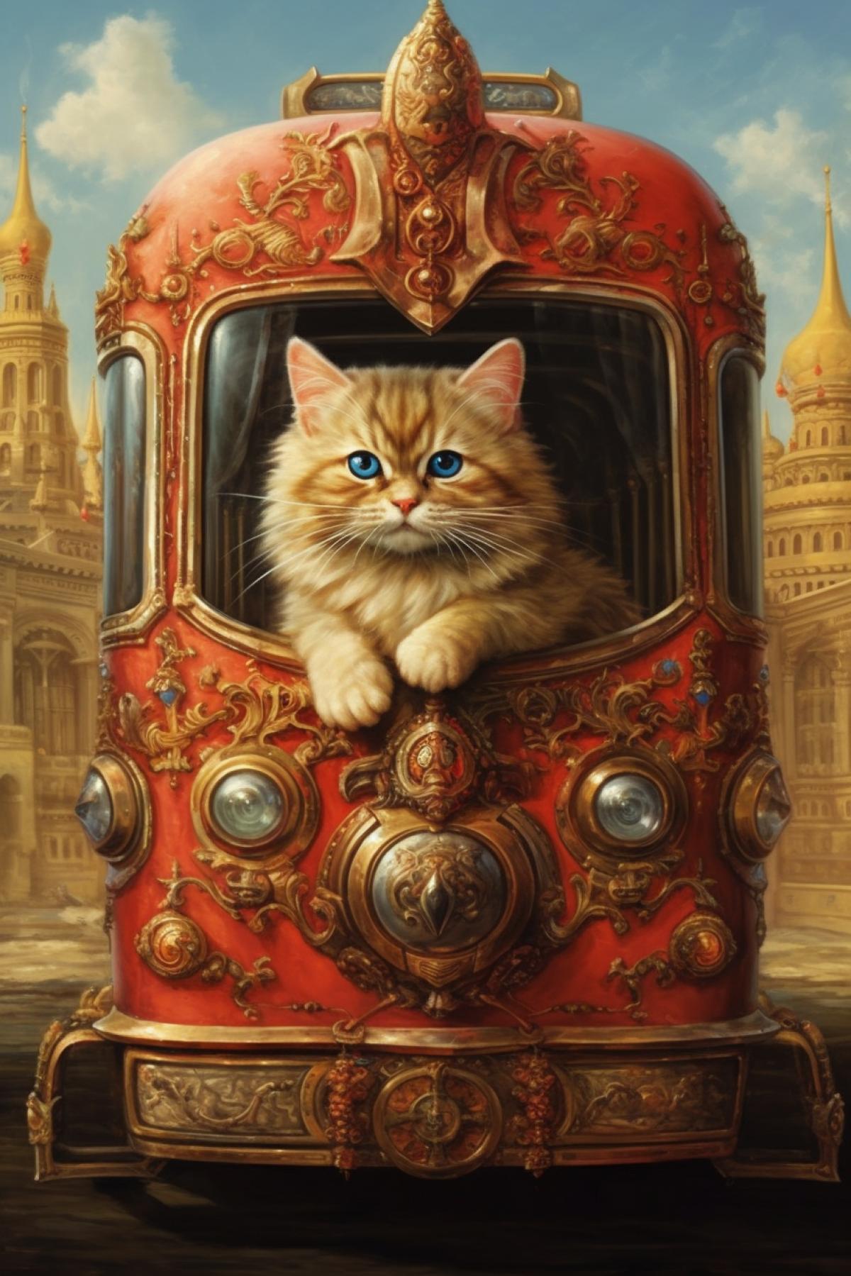 Retro bus with a kitten in the style of Faberge, baroque, gothic, surrealism