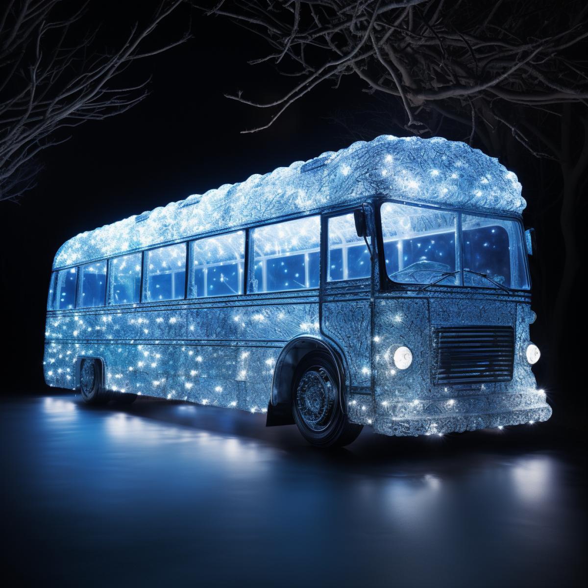 photoshoot of a ghost bus silhouette made of a million sparkles. Blue and silver scenery, Low profile view, Ultra realistic