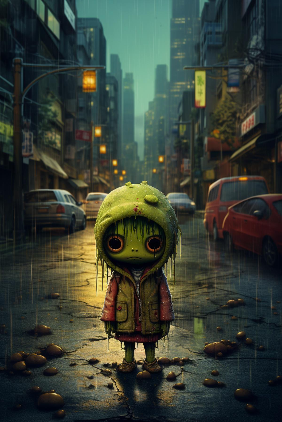 Sad Zombie in the streets of Tokyo, cute artstyle, illustration by Tony Sart and Toboso Yana
