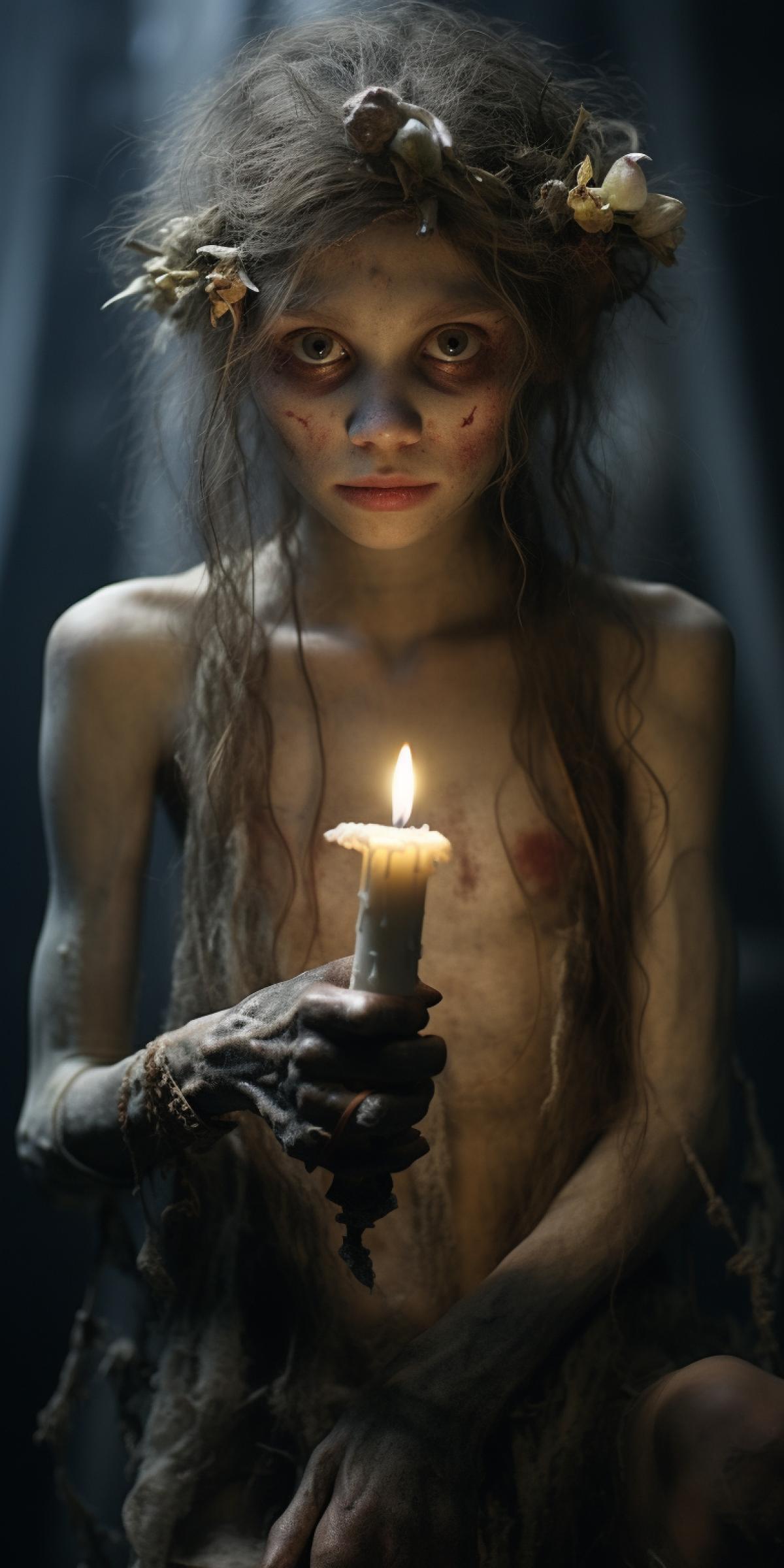 Insanely detailed cinematic portrait photography of a very cute female creature mady by Wendy Froud, a rotting and decaying zombie ; consumed by a woman; exquisite clothing detail, sadness, insane details, rim lighting, cinematic lighting, candles, sparkles, top down lighting, ultra realistic spectacular, memorable, imperfections, detailed back ground, fairy yalow, ultra high, ultra detail, evil, cinematic com4k, accent lighting, cinematic lighting,depth of field, 8k, HDR