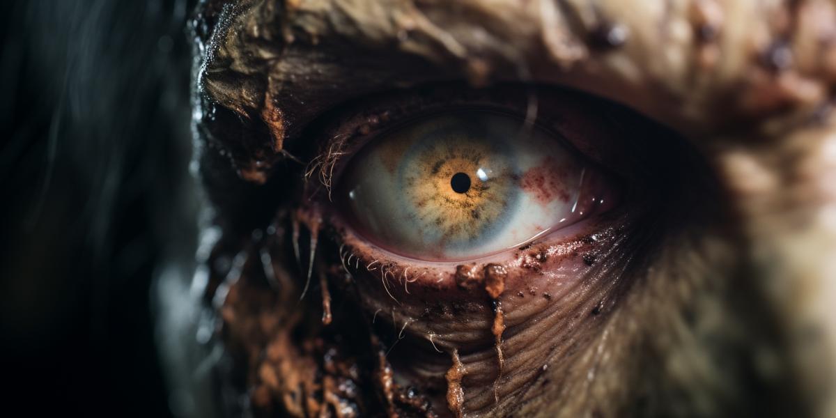 Macro to eye of a zombie, impressive, surreal, cinematic lighting, cinematic photoshot, extremely detailed and complex, VFX volume fog around, super max, surreal, super detailed, high contrast, Rtx on, Hdr, photography, realistic, dof on, fov on, motion blur, lens flares on, 50mm Prime f/1.8, White balance, Super resolution, Megapixel, ProPhoto RGB, VR, high, epic, Rear half lighting, Lights background, natural lighting, incandescent light, fiber optic, mood lighting, cinema lighting, studio lighting, soft illumination, volumetric, contrast, dark lighting, accent lighting, projection global illumination, Screen space global illumination, Ray tracing global illumination, Red fringing light, 45% cold color grading, Optics, Scattering, Glow, Shadows, hyperrealism, Caustic water, refraction water, exquisite detail, intric ately-detailed, ultra-detailed photography, high-sharpness, high reflection, award-winning photograph, 8k uplight