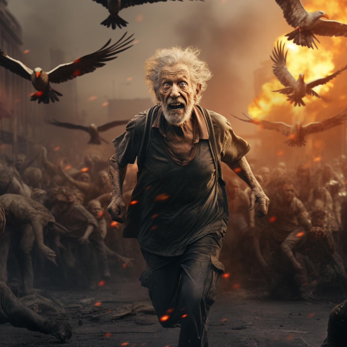 Normal Human old man running among zombies wearing nike shoes, fire splatters, birds, smoke, ruin city, hyper realistic, 8k