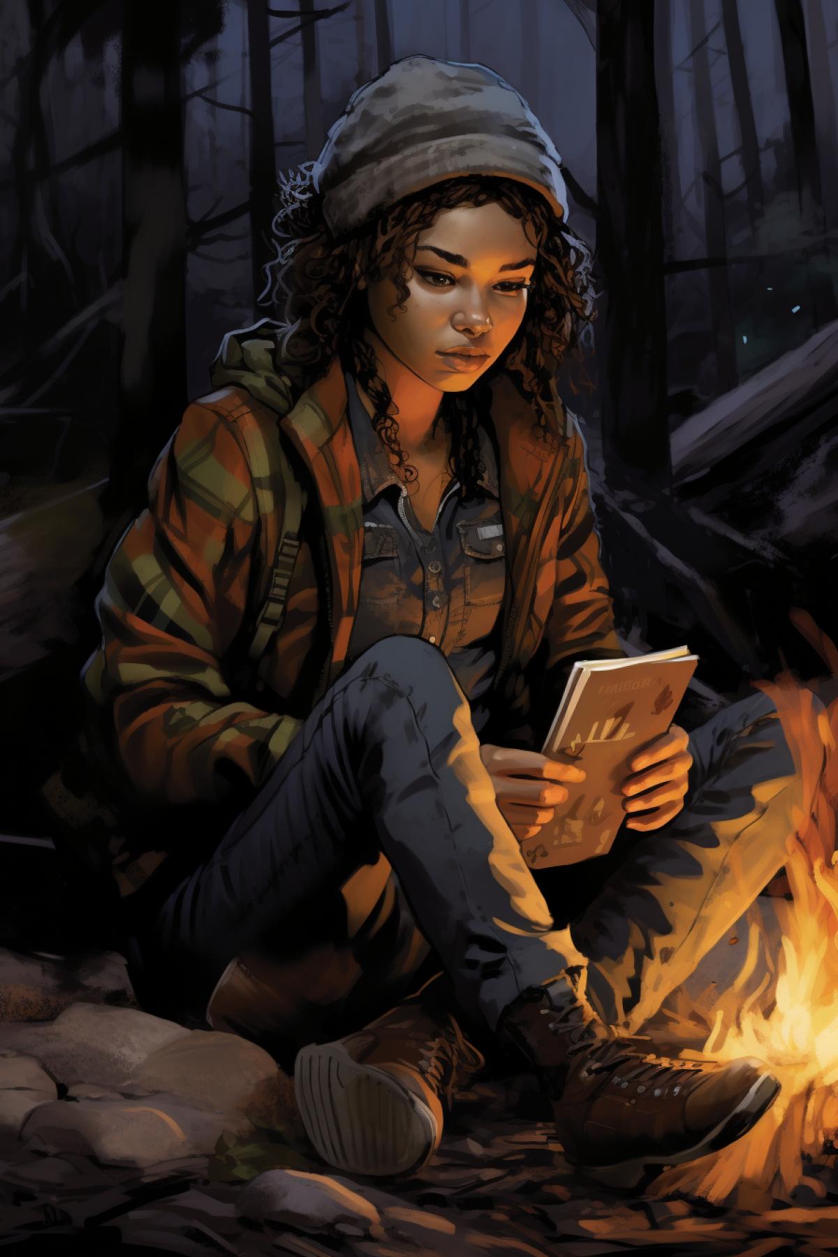Clementine from the video game The Walking Dead season 4, is in the forest, sitting by the fire, holding a photo, high quality, good detail, comic drawing