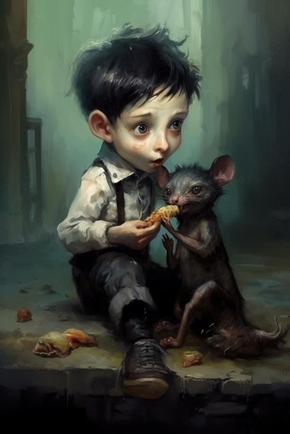 Cute, kind zombie child eats a rat, surrealism