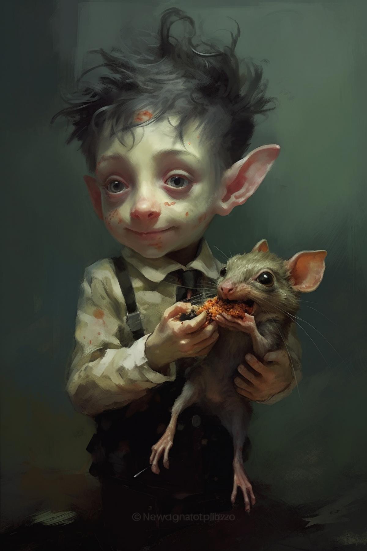 Cute, kind zombie child eats a rat, surrealism